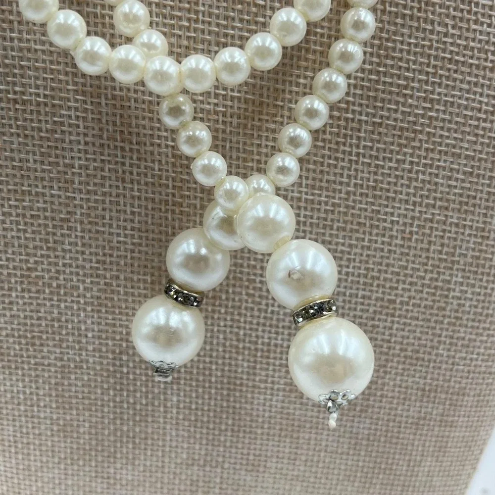 Vintage Long Faux Pearl Double Strand Lariat Necklace White Beaded‎ Tassel Drop